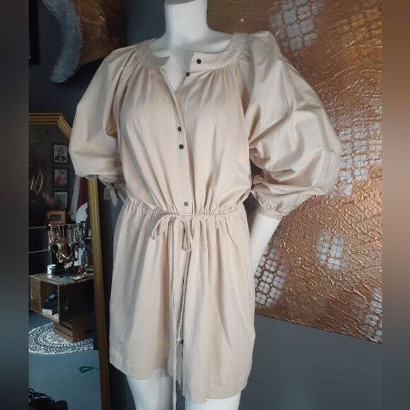 Zara Beige 100% Cotton Puff Sleeve Button-Down Mini Dress - Picture 12 of 13